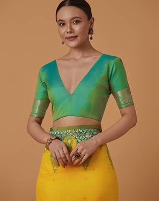 yellow silk blend banarasi jacuard work saree with unstitched blouse piece 5