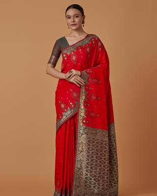 red silk blend banarasi jacuard work saree with unstitched blouse piece 1