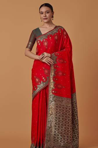 red silk blend banarasi jacuard work saree with unstitched blouse piece