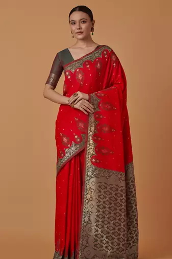 red silk blend banarasi jacuard work saree with unstitched blouse piece