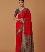 red silk blend banarasi jacuard work saree with unstitched blouse piece