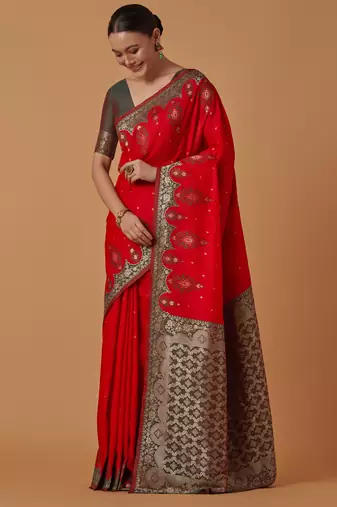 red silk blend banarasi jacuard work saree with unstitched blouse piece