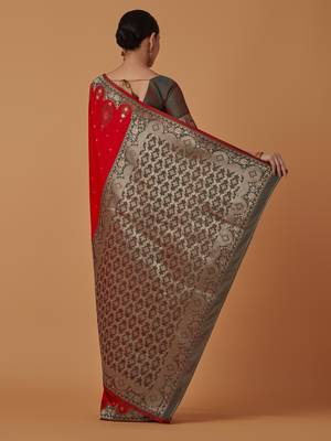 red silk blend banarasi jacuard work saree with unstitched blouse piece 3