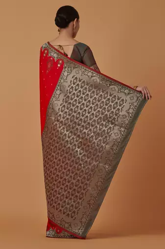 red silk blend banarasi jacuard work saree with unstitched blouse piece