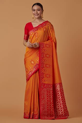 orange silk blend banarasi jacuard work saree with unstitched blouse piece