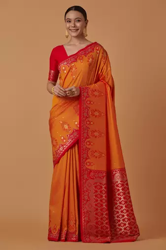 orange silk blend banarasi jacuard work saree with unstitched blouse piece