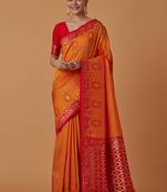 orange silk blend banarasi jacuard work saree with unstitched blouse piece