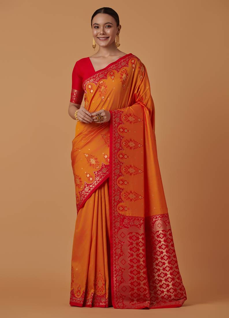 orange silk blend banarasi jacuard work saree with unstitched blouse piece