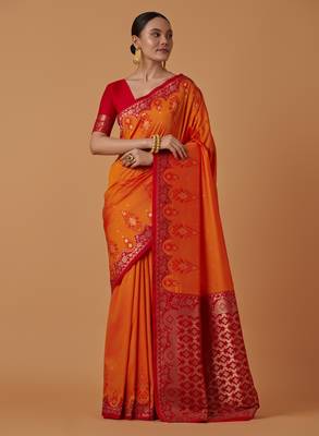 orange silk blend banarasi jacuard work saree with unstitched blouse piece 2