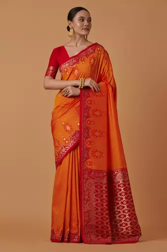 orange silk blend banarasi jacuard work saree with unstitched blouse piece