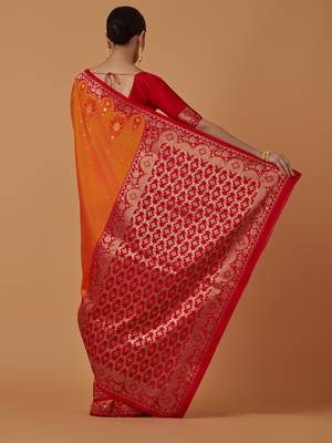 orange silk blend banarasi jacuard work saree with unstitched blouse piece 3