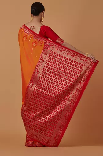 orange silk blend banarasi jacuard work saree with unstitched blouse piece