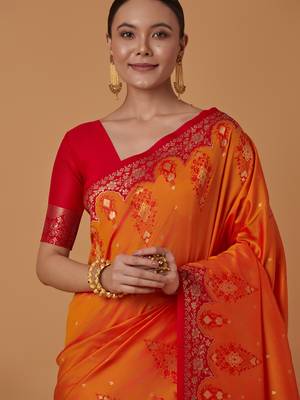orange silk blend banarasi jacuard work saree with unstitched blouse piece 4