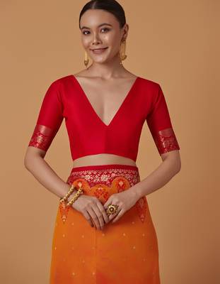 orange silk blend banarasi jacuard work saree with unstitched blouse piece 5