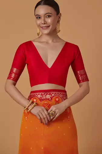 orange silk blend banarasi jacuard work saree with unstitched blouse piece