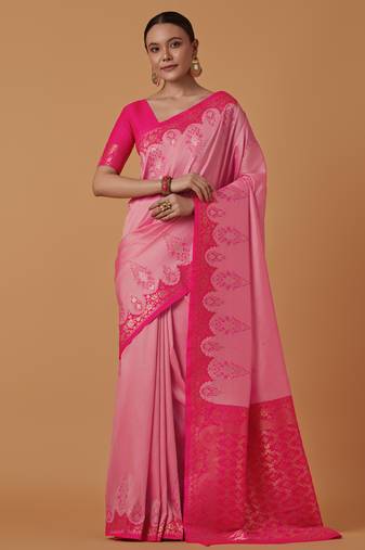 pink silk blend banarasi jacuard work saree with unstitched blouse piece