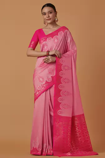 pink silk blend banarasi jacuard work saree with unstitched blouse piece