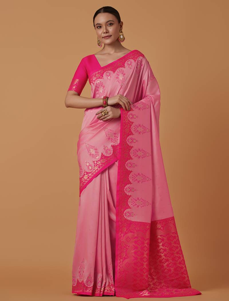 pink silk blend banarasi jacuard work saree with unstitched blouse piece
