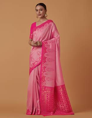 pink silk blend banarasi jacuard work saree with unstitched blouse piece 2