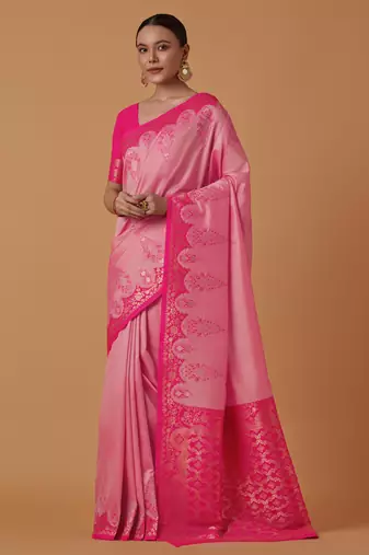 pink silk blend banarasi jacuard work saree with unstitched blouse piece
