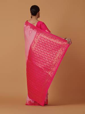 pink silk blend banarasi jacuard work saree with unstitched blouse piece 3