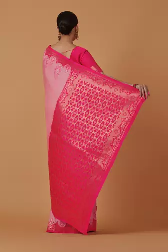 pink silk blend banarasi jacuard work saree with unstitched blouse piece