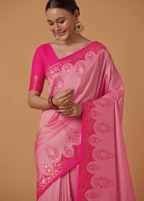 pink silk blend banarasi jacuard work saree with unstitched blouse piece 4