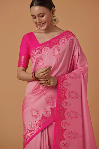 pink silk blend banarasi jacuard work saree with unstitched blouse piece