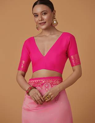 pink silk blend banarasi jacuard work saree with unstitched blouse piece 5