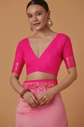 pink silk blend banarasi jacuard work saree with unstitched blouse piece