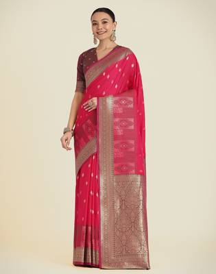 pink silk blend banarasi jacuard work saree with unstitched blouse piece 1