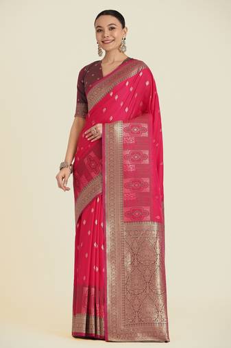pink silk blend banarasi jacuard work saree with unstitched blouse piece