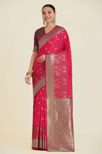 pink silk blend banarasi jacuard work saree with unstitched blouse piece