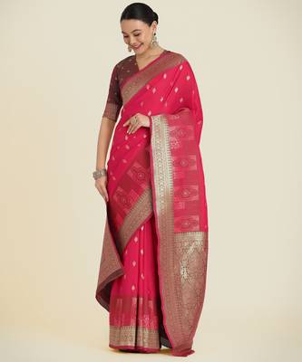 pink silk blend banarasi jacuard work saree with unstitched blouse piece 2