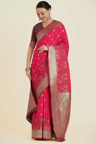 pink silk blend banarasi jacuard work saree with unstitched blouse piece