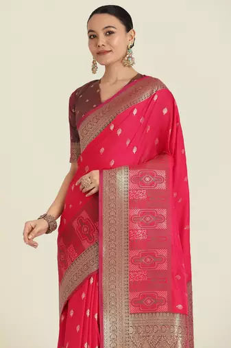 pink silk blend banarasi jacuard work saree with unstitched blouse piece