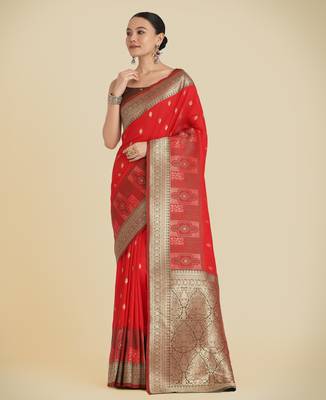 red silk blend banarasi jacuard work saree with unstitched blouse piece 1