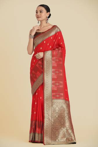 red silk blend banarasi jacuard work saree with unstitched blouse piece