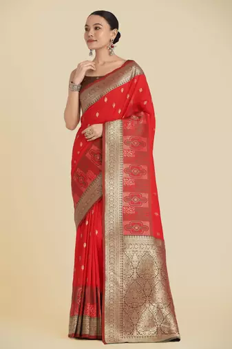 red silk blend banarasi jacuard work saree with unstitched blouse piece