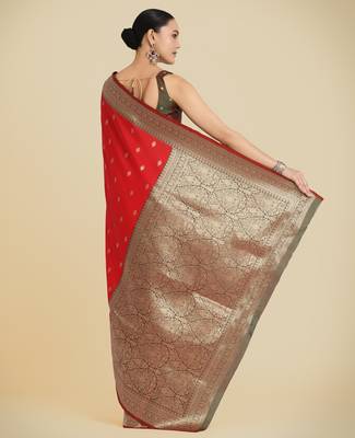 red silk blend banarasi jacuard work saree with unstitched blouse piece 2