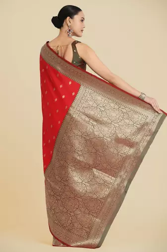 red silk blend banarasi jacuard work saree with unstitched blouse piece