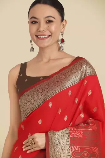 red silk blend banarasi jacuard work saree with unstitched blouse piece