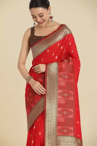 red silk blend banarasi jacuard work saree with unstitched blouse piece