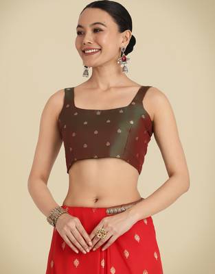 red silk blend banarasi jacuard work saree with unstitched blouse piece 5