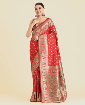 red silk blend banarasi jacuard work saree with unstitched blouse piece 1