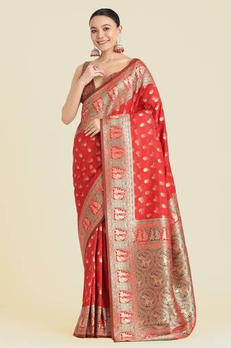 red silk blend banarasi jacuard work saree with unstitched blouse piece