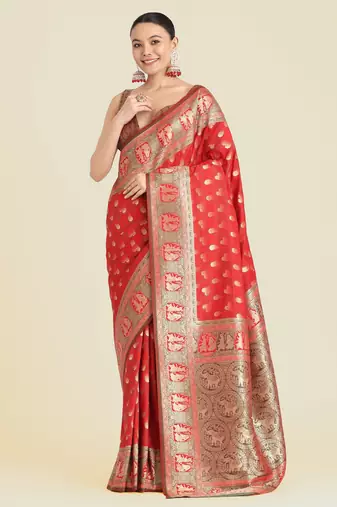 red silk blend banarasi jacuard work saree with unstitched blouse piece