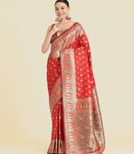 red silk blend banarasi jacuard work saree with unstitched blouse piece