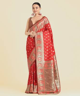 red silk blend banarasi jacuard work saree with unstitched blouse piece 2