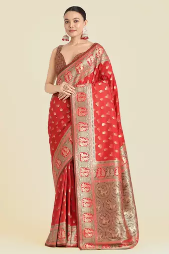 red silk blend banarasi jacuard work saree with unstitched blouse piece